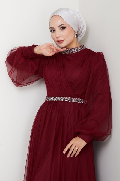 Yaka ve Bel Taş Detaylı Büyük Beden Tesettür Abiye Esna - Bordo